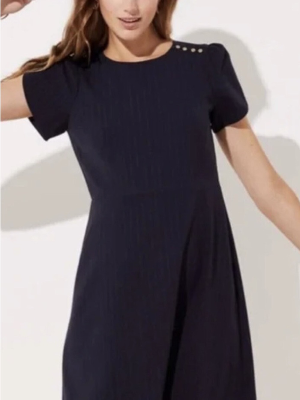 LOFT Navy Short-Sleeve Fit-and-Flare Dress with Shoulder Buttons